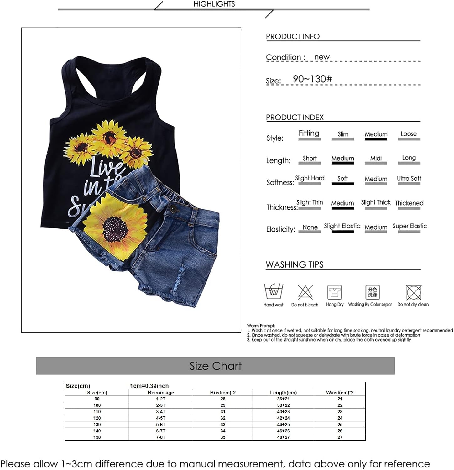 1-8T Toddler Girl Sleeveless Vest Tops +Floral Denim Shorts Outfits Set