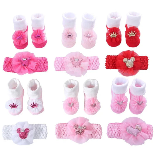 2Pcs/Set Baby Socks for Girl Bebe Toddler Newborn Sock + Bow Headband Infant anti Slip Cotton Socks Glue Birthday Sock 0-1Years