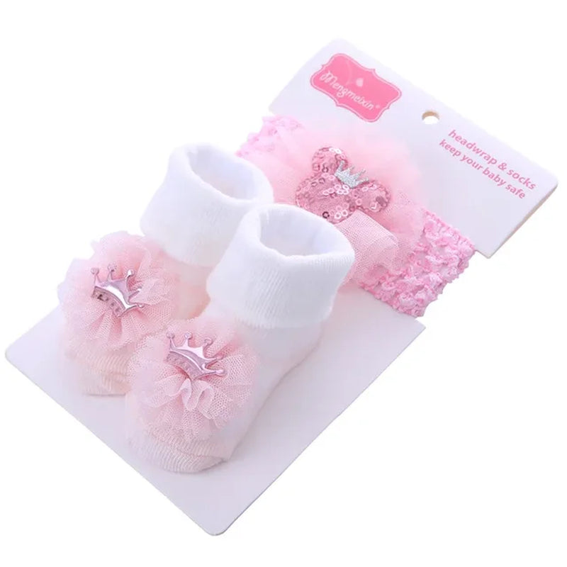 2Pcs/Set Baby Socks for Girl Bebe Toddler Newborn Sock + Bow Headband Infant anti Slip Cotton Socks Glue Birthday Sock 0-1Years