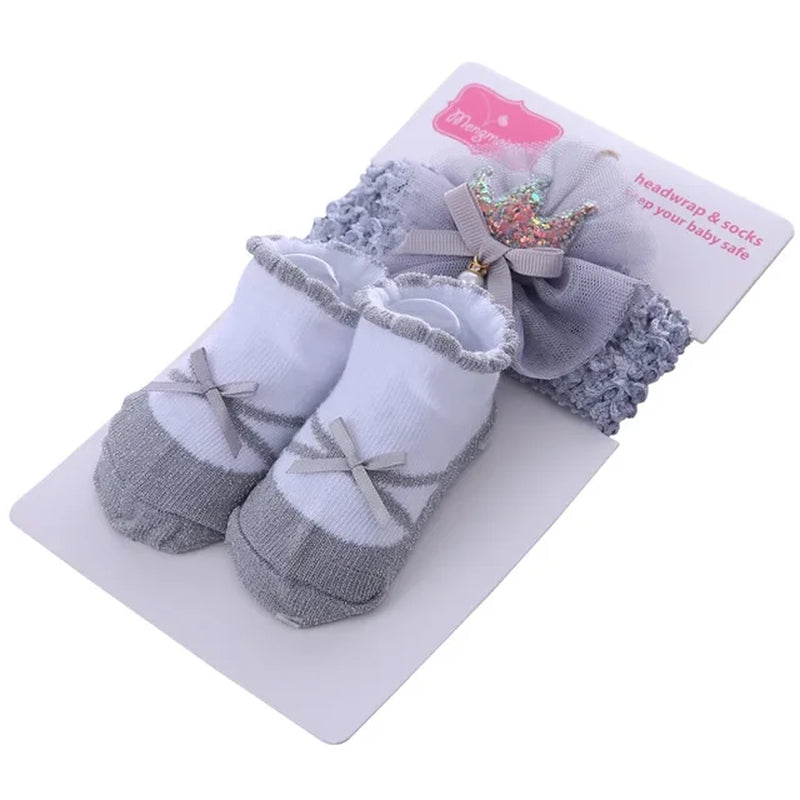 2Pcs/Set Baby Socks for Girl Bebe Toddler Newborn Sock + Bow Headband Infant anti Slip Cotton Socks Glue Birthday Sock 0-1Years