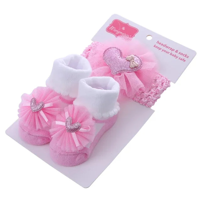 2Pcs/Set Baby Socks for Girl Bebe Toddler Newborn Sock + Bow Headband Infant anti Slip Cotton Socks Glue Birthday Sock 0-1Years