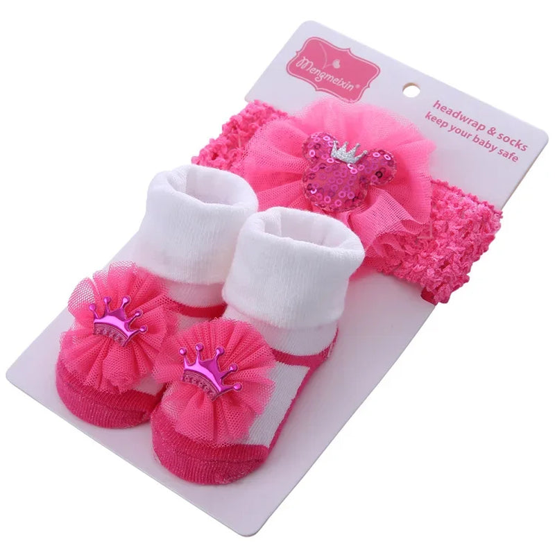 2Pcs/Set Baby Socks for Girl Bebe Toddler Newborn Sock + Bow Headband Infant anti Slip Cotton Socks Glue Birthday Sock 0-1Years