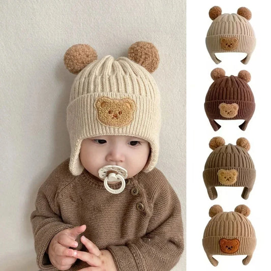 Winter Baby Beanie Cap Cartoon Bear Ear Protection Knitted Hat for Toddler Boys Girls Cute Korean Warm Kids Crochet Hats Gorros