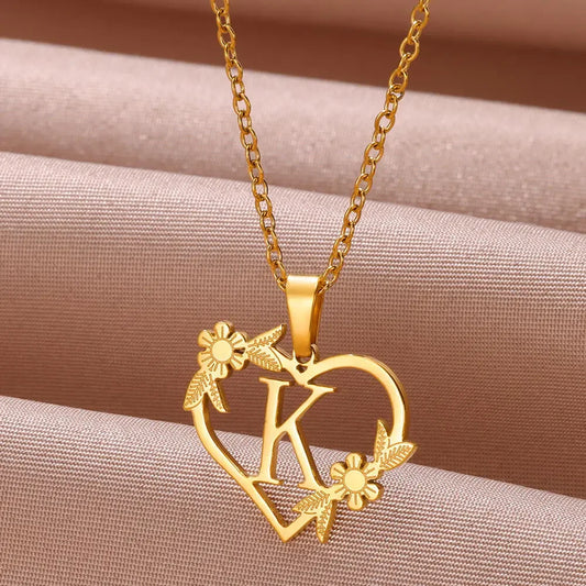 Gold Color Dainty Flower Initials Necklace Women Girl Stainless Steel Heart Letter Choker Necklace Best Gifts Alphabet Jewelry