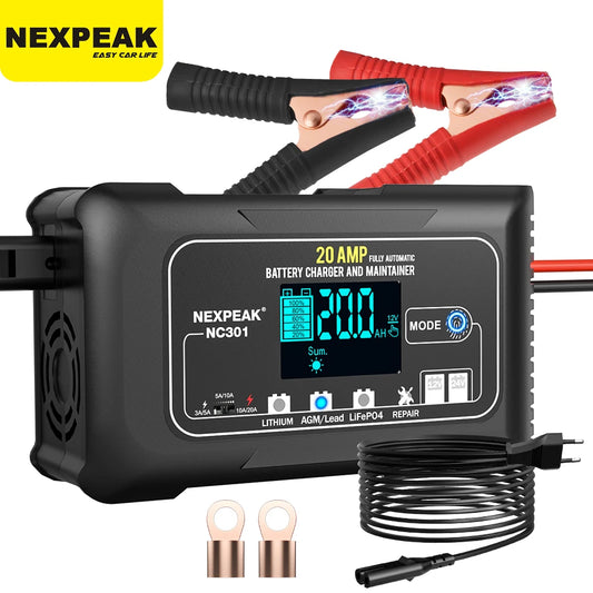 NEXPEAK 20A 12V-24V Car Battery Charger Smart Charger for For Car Motorcycle Battery Lead Acid AGM Lithium LiFePo4 Batteries