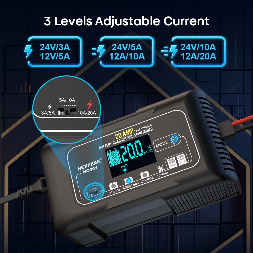 NEXPEAK 20A 12V-24V Car Battery Charger Smart Charger for For Car Motorcycle Battery Lead Acid AGM Lithium LiFePo4 Batteries