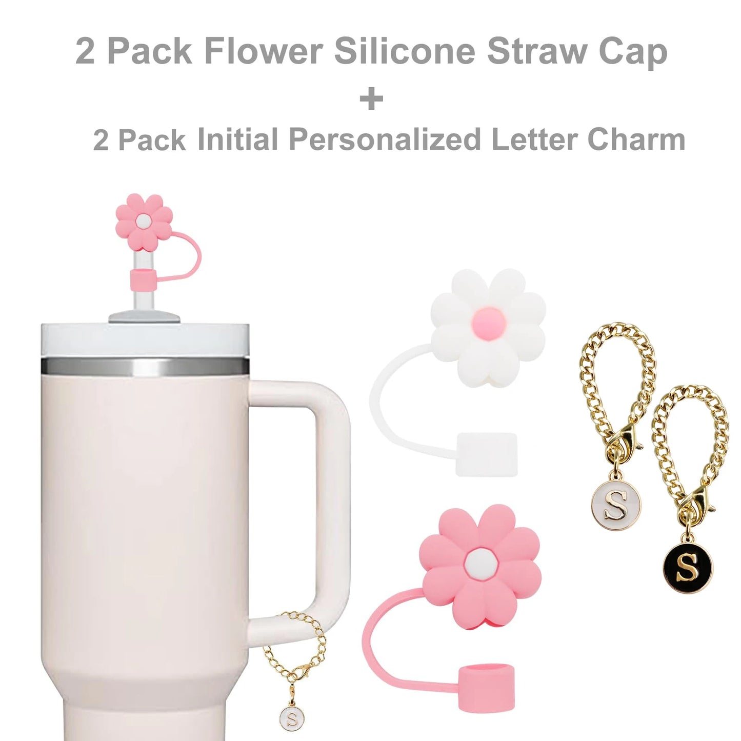 Straw Cover for Stanley Cup 10mm Straw Topper Protector Lid with Initial Personalized Letter Charm Stanley Tumblers Accessories