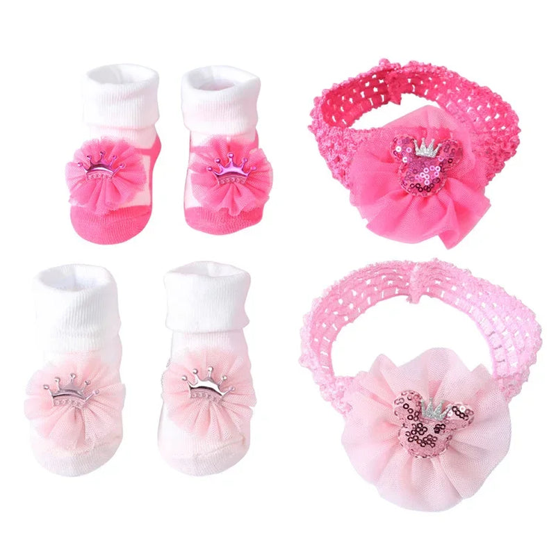 2Pcs/Set Baby Socks for Girl Bebe Toddler Newborn Sock + Bow Headband Infant anti Slip Cotton Socks Glue Birthday Sock 0-1Years